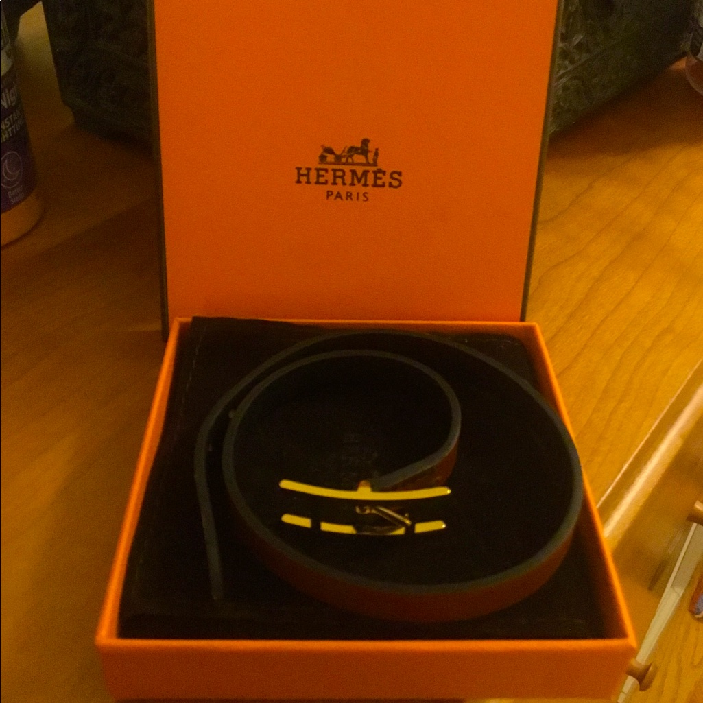 Authentic Herms Behapi Double Tour Noir/Fauve Reversible Bracelet W/ Box Pouch